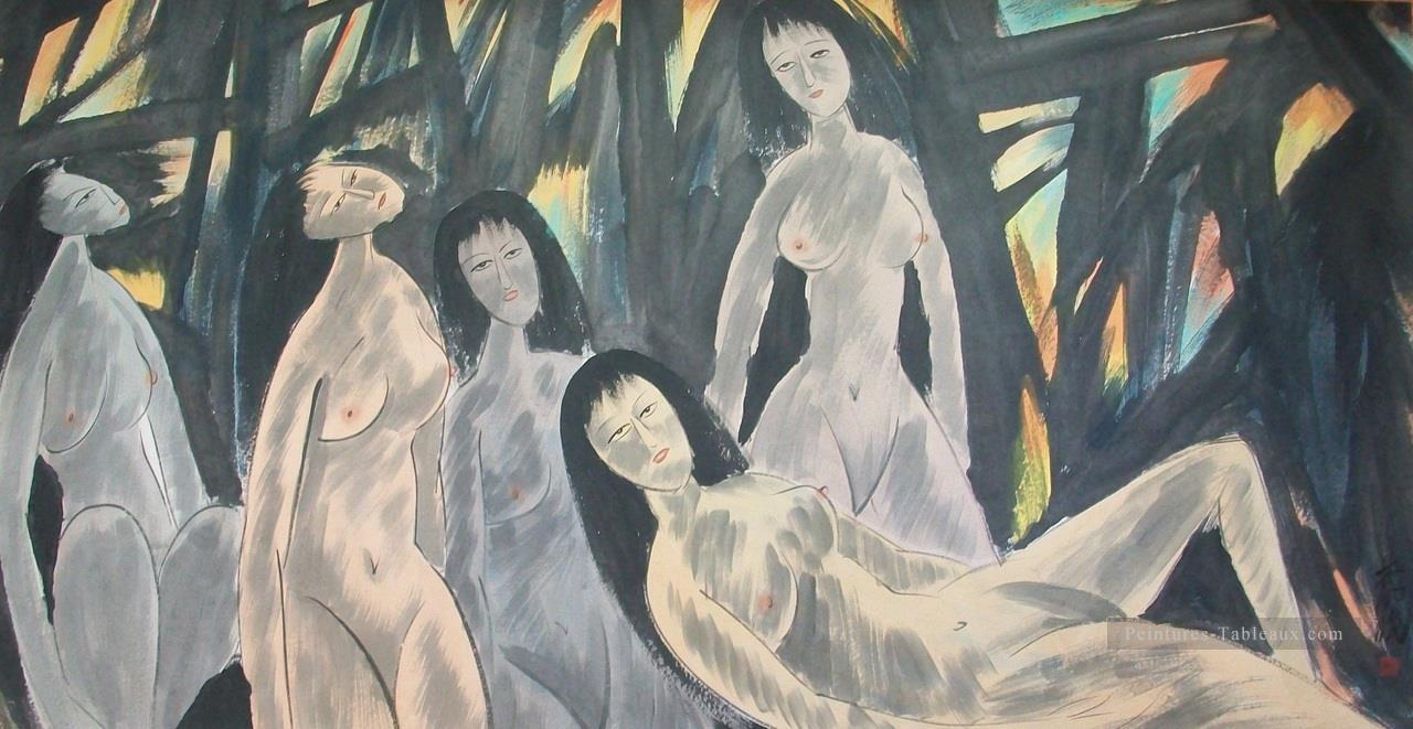 cinq nu Dames vieux Chine encre Peintures à l'huile